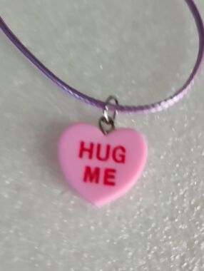Hand Crafted Pink Heart "HUG ME" Necklace with Purple Cord